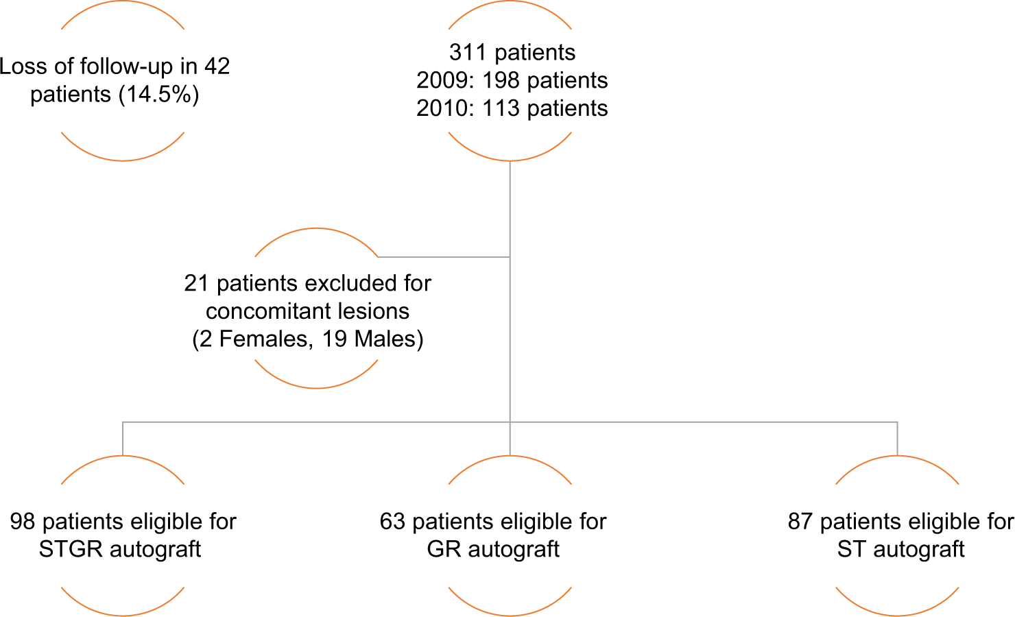 Flowchart illustrating the exclusion and distribution of patients. STGR: Gracilis and semitendinosus, ST: Semitendinosus, GR: Gracilis.