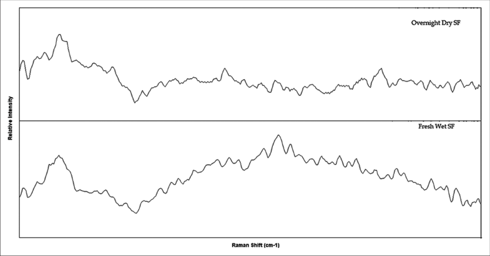 Illustrates the captured Raman spectra from two samples on AG mirror slides before baseline correction. The first spectrum represents an overnight dry sample, while the second spectrum represents a fresh synovial sample. Notably, the dry sample exhibits considerably less background fluorescence in comparison to the fresh sample.