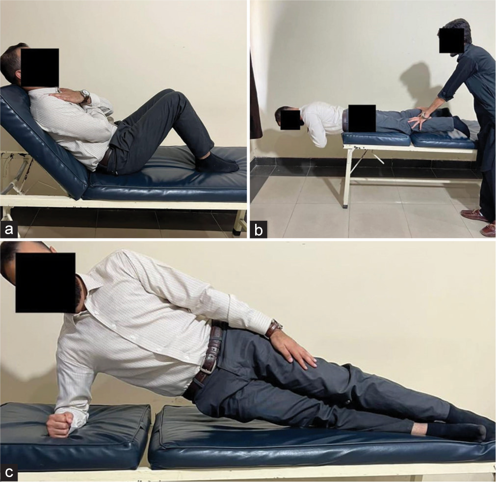 McGill’s torso muscular endurance test. (a) The trunk flexor endurance test, (b) the extensor endurance test, and (c) the lateral flexor endurance test.