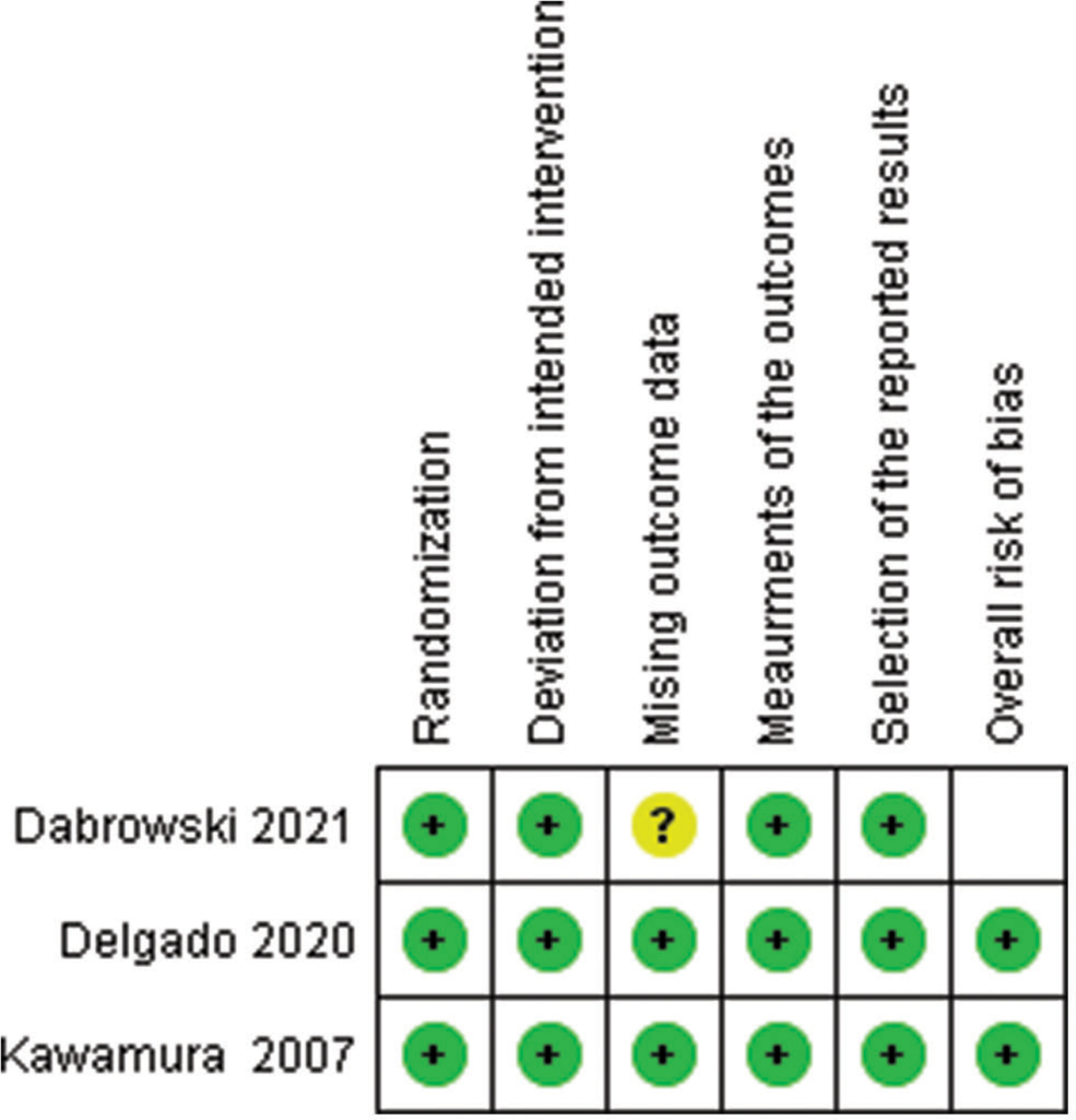 Risk of bias summary. Yellow circle (question mark): Unclear risk of bias, green circle (plus sign): Low risk of bias, empty box: High risk of bias.