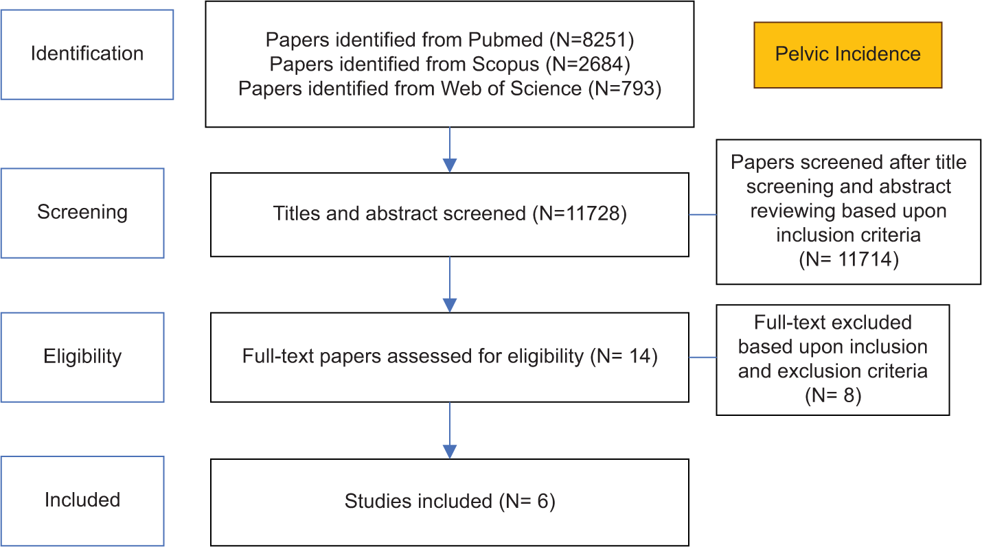 Preferred reporting items for systematic reviews and meta-analyses approach of pelvic incidence. N: Number of studies.